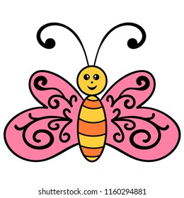 Doodle butterfly, cartoon happy bug isolated on white background. Vector illustration.