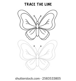 Doodle butterfly coloring pages spring worksheets printable for kids activity, Kindergarten and preschool. Trace and color butterfly worksheets. Doodle butterfly vector clipart.