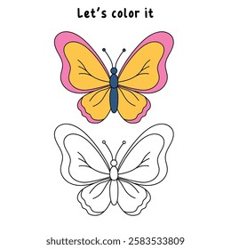 Doodle butterfly coloring pages spring worksheets printable for kids activity, Kindergarten and preschool. Trace and color butterfly worksheets. Doodle butterfly vector clipart.