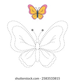Doodle butterfly coloring pages spring worksheets printable for kids activity, Kindergarten and preschool. Trace and color butterfly worksheets. Doodle butterfly vector clipart.