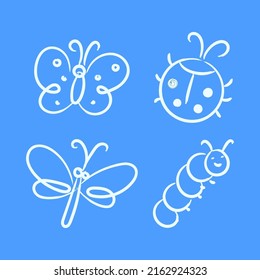 Doodle Butterfly, Ladybug, Dragonfly and Caterpillar. All The Images Are Isolated. Kid Doodle Style. Vector Illustration.