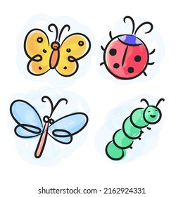 Doodle Butterfly, Ladybug, Dragonfly and Caterpillar. All The Images Are Isolated. Kid Doodle Style. Vector Illustration.