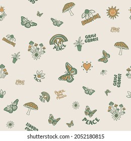 DOODLE BUTTERFLY AND MUSHROOM BOTANICAL ROMANTIC GARDEN WITH TYPOGRPHY TEXT SEAMLESS PATTERN