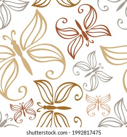 Patrón sin soldadura de mariposa Doodle aislado en blanco. Arte de línea dibujada a mano. Animado de esbozo. Ilustración de material vectorial. EPS 10