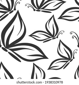 Doodle butterfly seamless pattern isolatedn on white. Hand drawing line art. Sketch animal. Vector stock illustration. EPS 10