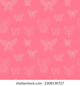 Doodle butterfly seamless pattern vector pattern. Hand drawn different kinds of butterflies on pink background