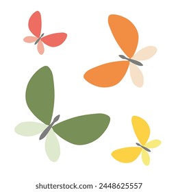 Doodle de conjunto de mariposas. Colección de Vector dibujado a mano ilustración plana. Clipart de dibujos animados colorido aislado sobre fondo blanco. Elementos simples para el diseño, impresión, decoración, postal, pegatinas.