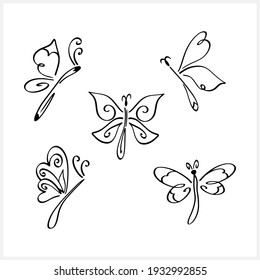 Doodle butterfly set icon isolated on white. Hand drawing line art. Sketch animal. Vector stock illustration. EPS 10