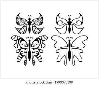 Doodle butterfly set icon isolated on white. Hand drawn line art. Sketch animal. Coloring page book. Vector stock illustration. EPS 10