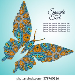 Doodle butterfly. Zentangl drawing. Holiday card. Tenderness of spring. Blue and orange tones