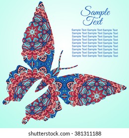 Doodle butterfly. Zentangle drawing. Holiday card. Tenderness of spring. Red and blue colors