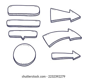 doodle button collection set hand drawing outline with arrow, recrangle rounded, circle and callout button.