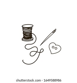 Doodle button, needle and spool of thread for handmade and hobby. Vector black and white stock illustration.