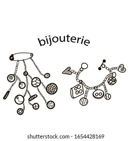 Doodle-Buttons, Perlen und Bugs für handgefertigte und hobbygemachte, süße Armbänder, Bijoule. Vektorillustration Schwarz-Weiß-Stockillustration.