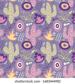 Doodle Cacti and abstract elements, vector seamless pattern