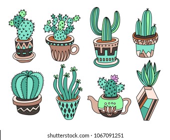 doodle cacti collection, hand drawing set of various succulents and cactus, vector illustration