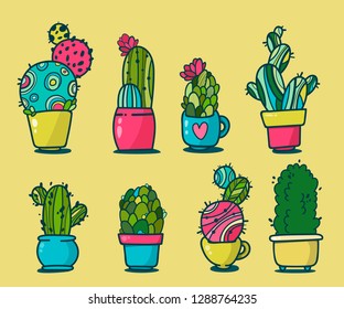 Doodle Cacti Collection, Hand Drawing Set of Various Cacti