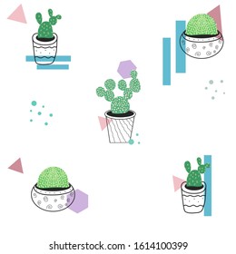 Doodle cactus background isolated vector illustration. Paper art style. Cute colorful print.