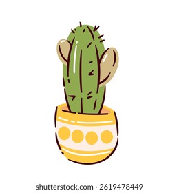 Doodle cactus in cartoon, line illustration. Cute cactus sticker for creative workspaces. Vector illustration, cactus art tool for artists.