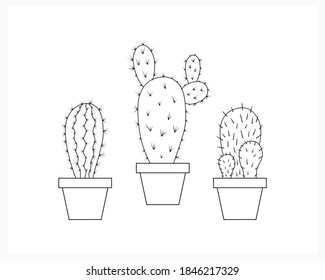 Doodle cactus collection icon isolated on white. Hand drawing home flowers. Art line vector stock illustration. EPS 10