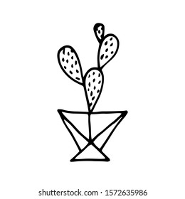 Doodle Cactus in a faceted pot. Scratchy hand-drawn succulent with poly flower pot. Black outline of a home plant isolated on a white background. Cute illustration with polygonal interior element