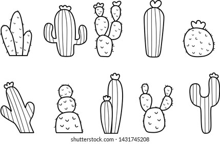 doodle cactus plant black and white