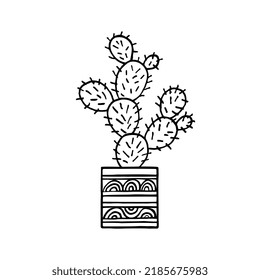 Doodle cactus in pot. Hand-drawn opuntia. Hand drawn vector illustration