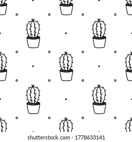 Doodle cactus in pot, peyote and dots vector seamless pattern background.
