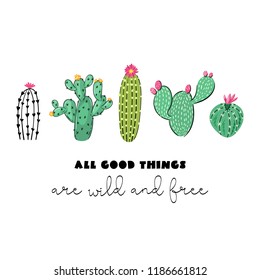 Doodle cactus print with slogan design