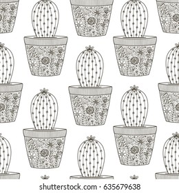 Doodle cactus seamless patten. Black and white background. Great for coloring book, T-shirt and textile design. Vector illustration
