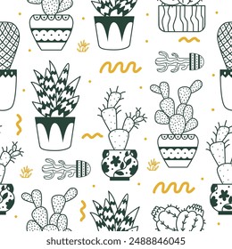 Doodle cactus seamless pattern. Cacti in decorative pots, house garden succulents fabric print design. Wrapping or wallpaper neoteric vector template