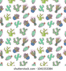 doodle cactus seamless pattern with color on white background