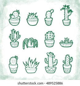 Doodle cactus set hand drawn vector isolated 12 items