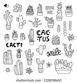 Doodle cactus set. Vector cactuses and lettering isolated on white background. Black line succulents collection