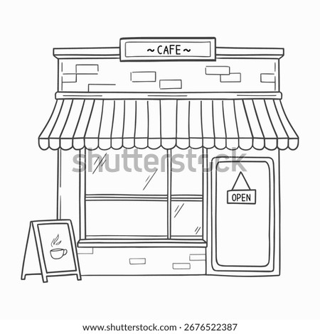 Doodle of cafe store illustration simple line art style. Cartoon isolated vector of shop and building clipart for asset, coloring page, children, design