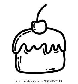 Doodle cake with icing and cherry. Vector linear sketch illustration of sweet food
