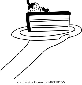 A doodle of a cake plate held by a hand, perfect for bakery and dessert-themed illustrations.