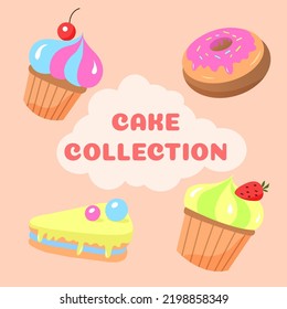 Doodle cake sticker collection. A set of delicious sweets. Decoration for bakery. Vector illustration. 