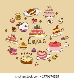 Pasteles de doodle y galletas vectoriales elementos dibujados a mano en color.