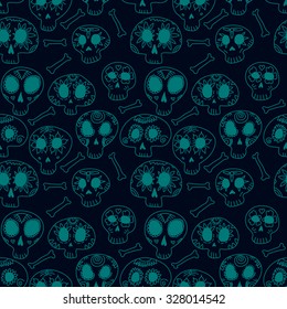 Doodle calavera sugar skulls in blue, halloween or dia de los muertos seamless pattern, vector