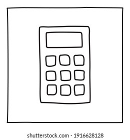 Doodle calculator icon or logo, hand drawn with thin black line.