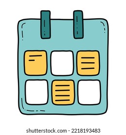 Calendario de negocio de Doodle ilustración aislada vectorial. Concepto de equilibrio de vida laboral. Gestión del tiempo. Objetivos exitosos. Icono de concepto de CMS.