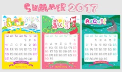 Doodle Calendar Design 2017 Year In Vector. Inspirational Holiday Illustrations With Cartoon Animals And Letters. Cute Summer Background, Seasonal Card. June, July, August