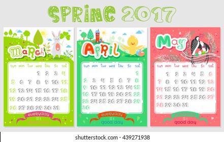 Doodle Calendar design 2017 year in vector. Inspirational holiday illustrations with cartoon animals and letters. Cute Spring background, seasonal card. March, April, May