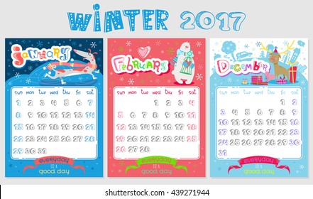 Doodle Calendar design 2017 year in vector. Inspirational holiday illustrations with cartoon animals and letters. Cute Winter background, seasonal card. December, January, February