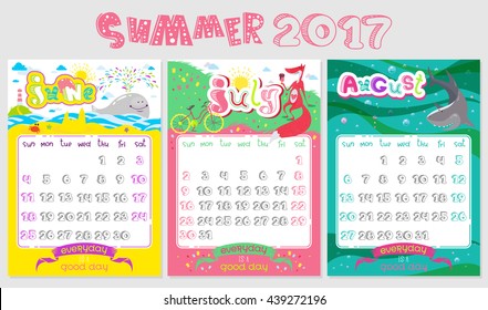 Doodle Calendar design 2017 year in vector. Inspirational holiday illustrations with cartoon animals and letters. Cute Summer background, seasonal card. June, July, August