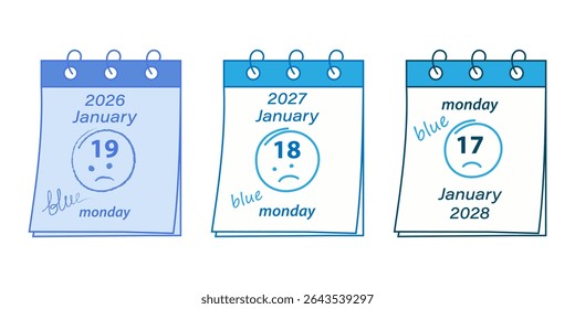 Doodle Calendário Ilustrações para segunda-feira de janeiro Uma Visão Geral Humorosa do Conjunto de Motivação Segunda-feira Azul