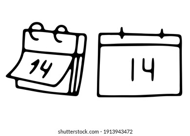 Doodle calendar with the number 14. Hand-drawn paper planner with the date of February 14th. Outline symbol of plan, deadline, Valentines Day, event. Important day reminder symbol. Vector illustration