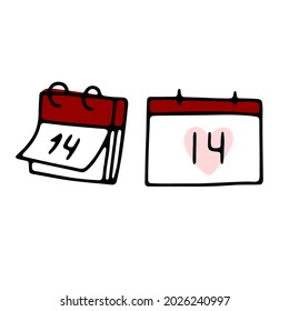 Doodle calendar with the number 14. Hand-drawn paper planner with the date of February 14th. Outline symbol of plan, deadline, Valentines Day, event. Important day reminder symbol. Vector illustration