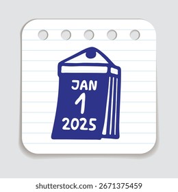 Doodle calendario calendario icono dibujado a mano con pluma azul en un papel de notas